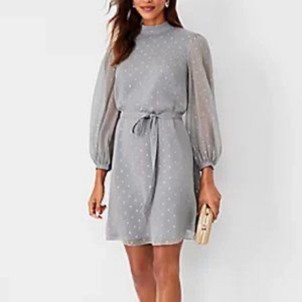 Ann Taylor Elegant Gray Polka Dot Long A-Line Sleeve Dress Size 8 New